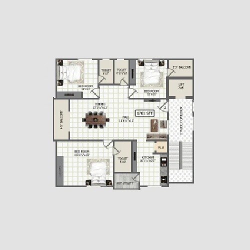 Floor plan of 3 BHK 1701 Sq. Ft. Apartment in SS Navya Sadan, Hyderabad