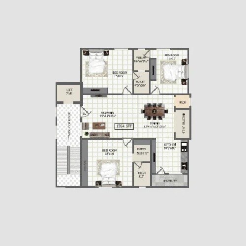 Floor plan of 3 BHK 1764 Sq. Ft. Apartment in SS Navya Sadan, Hyderabad