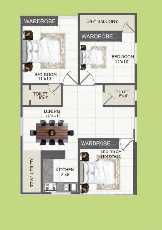 Floor plan of 3 BHK 1143 Sq. Ft. Apartment in SS Navya Sankalp, Hyderabad