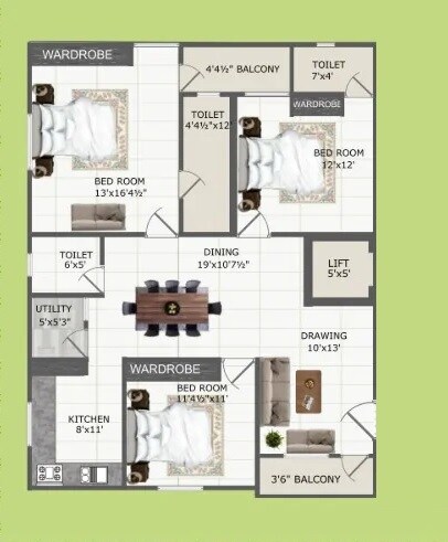 Floor plan of 3 BHK 1539 Sq. Ft. Apartment in SS Navya Sankalp, Hyderabad