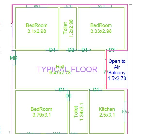 Floor plan of 3 BHK 1421 Sq. Ft. Apartment in SS Navya Sri Ananth Residency, Hyderabad