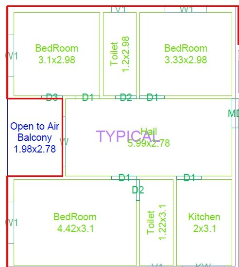 Floor plan of 3 BHK 1457 Sq. Ft. Apartment in SS Navya Sri Ananth Residency, Hyderabad