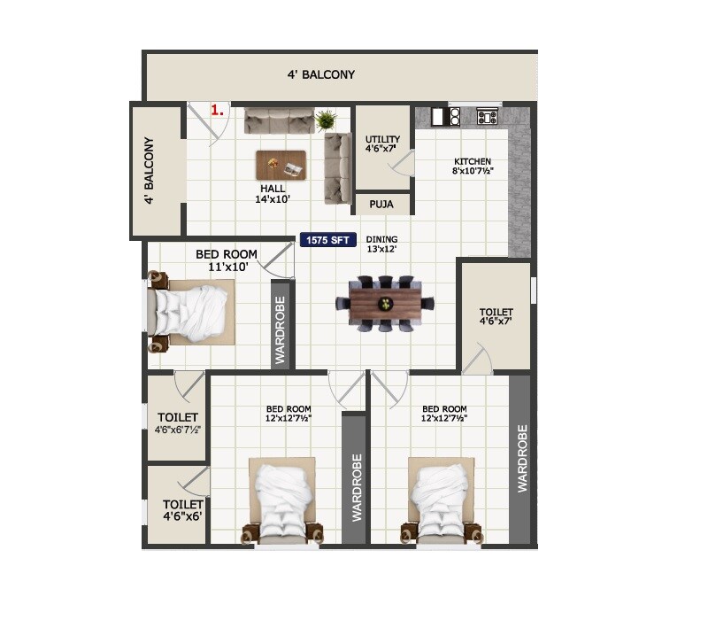 Floor plan of 3 BHK 1575 Sq. Ft. Apartment in SS Navya Suvidha, Hyderabad