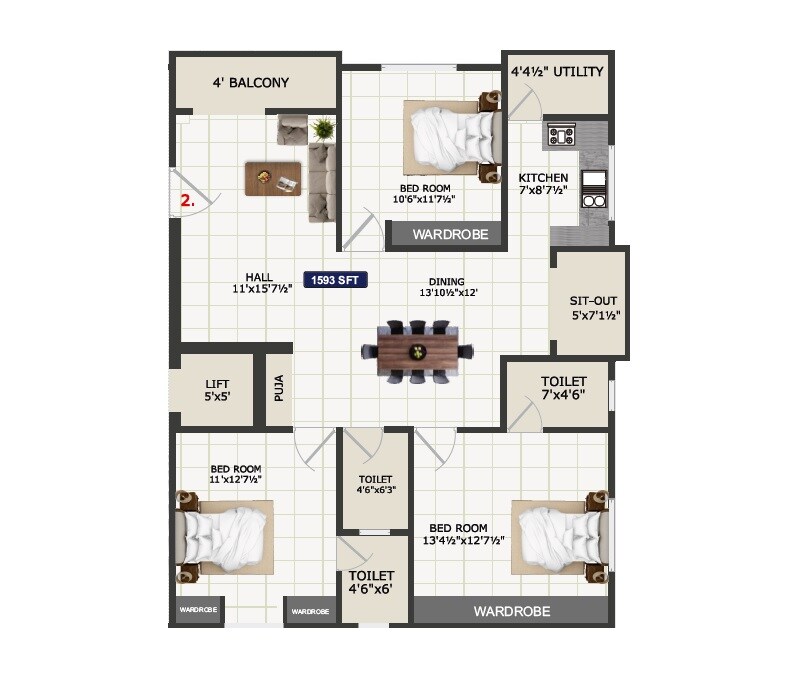 Floor plan of 3 BHK 1593 Sq. Ft. Apartment in SS Navya Suvidha, Hyderabad