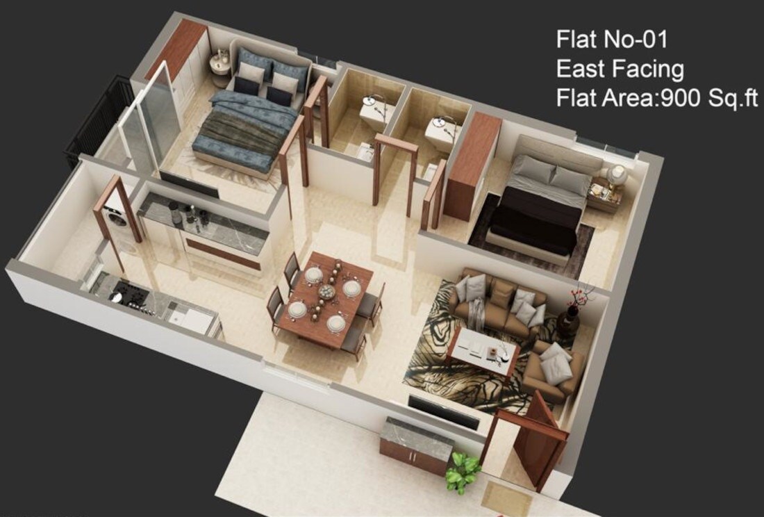 Floor plan of 2 BHK 900 Sq. Ft. Apartment in SSD Aditya Nest, Hyderabad