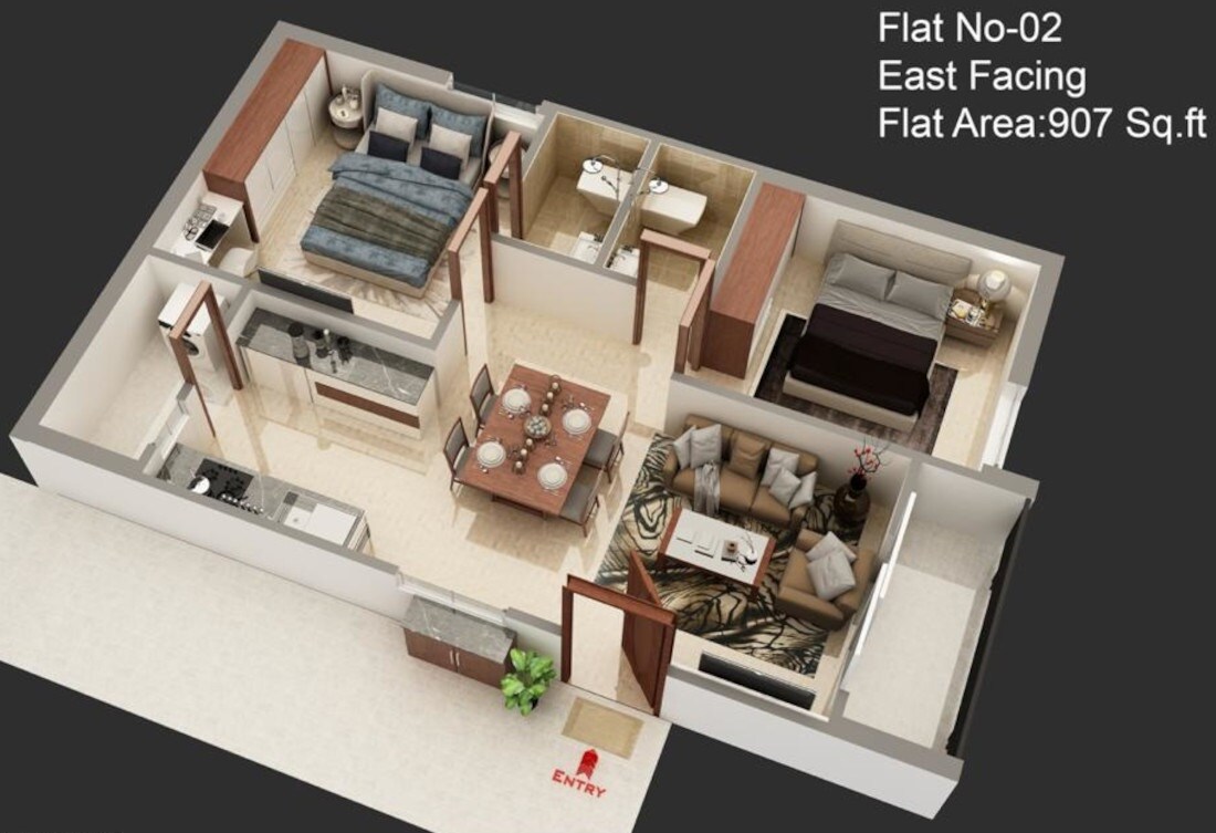 Floor plan of 2 BHK 907 Sq. Ft. Apartment in SSD Aditya Nest, Hyderabad