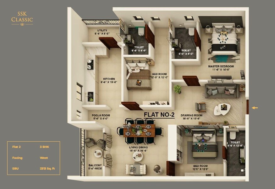 Floor plan of 3 BHK 2313 Sq. Ft. Apartment in SSK Classic, Hyderabad