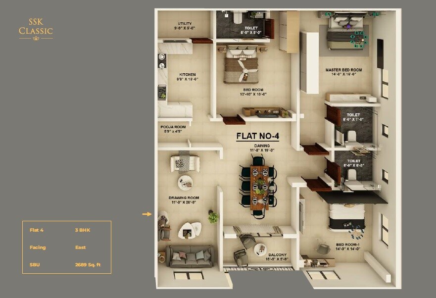 Floor plan of 3 BHK 2689 Sq. Ft. Apartment in SSK Classic, Hyderabad
