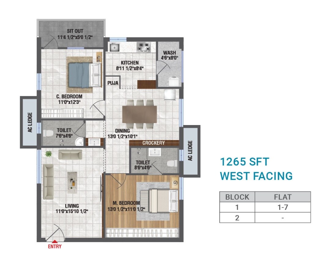 2 BHK 1265 Sq. Ft. Apartment