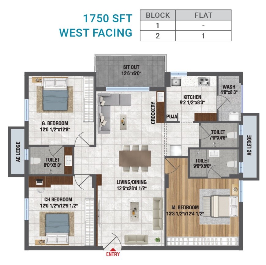 3 BHK 1750 Sq. Ft. Apartment
