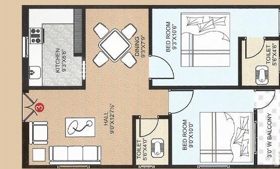Floor plan of 2 BHK 785 Sq. Ft. Apartment in SSP Green Leaf, Hyderabad