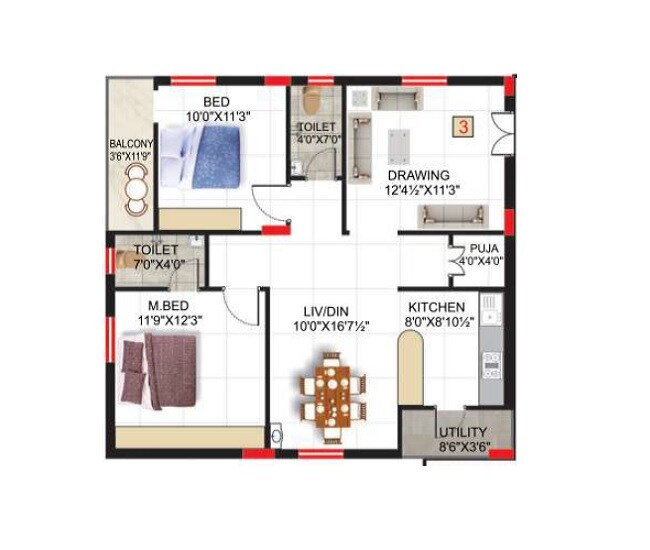 Floor plan of 2 BHK 1035 Sq. Ft. Apartment in SSV Krishna Heights, Hyderabad