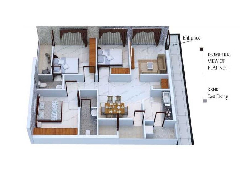 Floor plan of 3 BHK 1260 Sq. Ft. Apartment in SSV Krishna Heights, Hyderabad