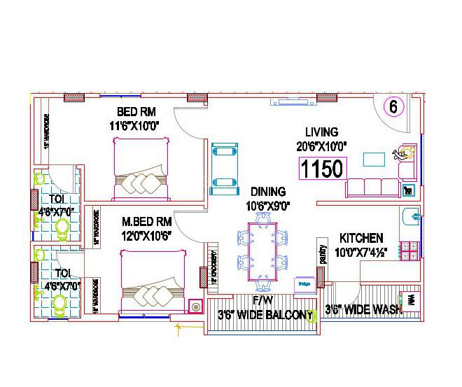 Floor plan of 2 BHK 1150 Sq. Ft. Apartment in SSVR Royal Crown, Hyderabad