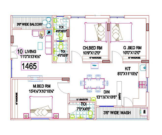 Floor plan of 2 BHK 1465 Sq. Ft. Apartment in SSVR Royal Crown, Hyderabad