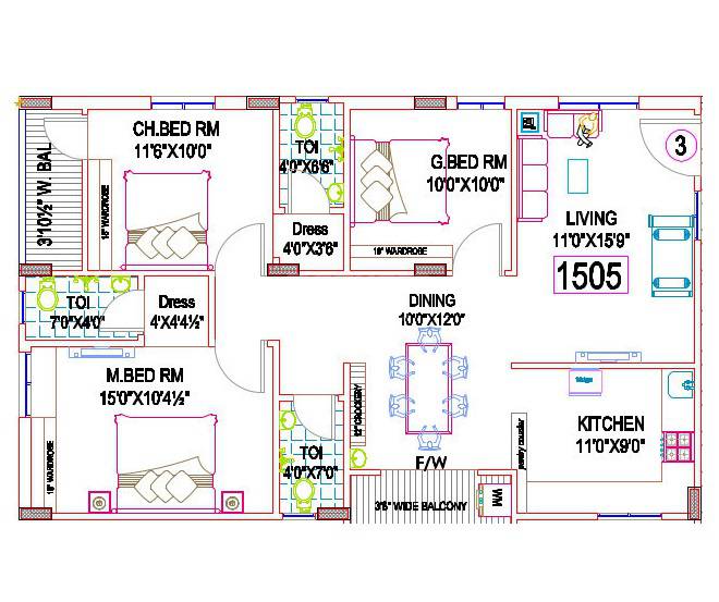 Floor plan of 3 BHK 1505 Sq. Ft. Apartment in SSVR Royal Crown, Hyderabad