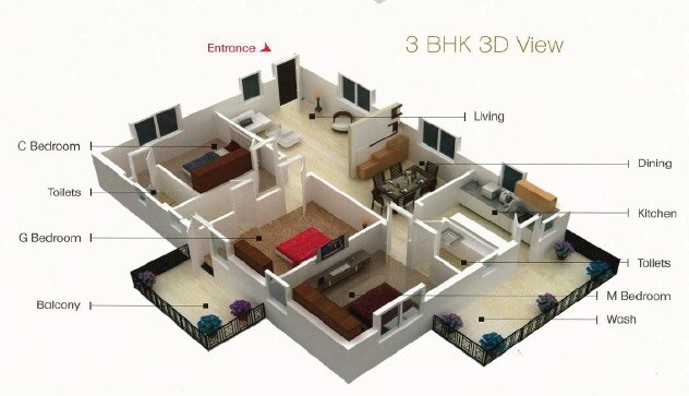 Floor plan of 3 BHK 1500 Sq. Ft. Apartment in SSVS Jackies RK Square, Hyderabad