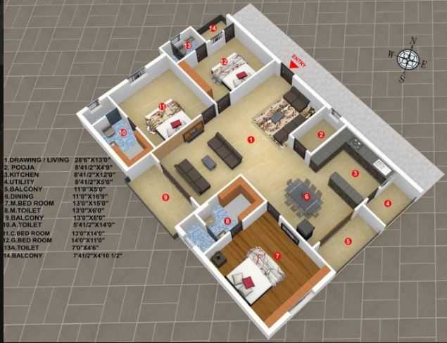 Floor plan of 3 BHK 2237 Sq. Ft. Apartment in Star Home R R Star Home, Hyderabad