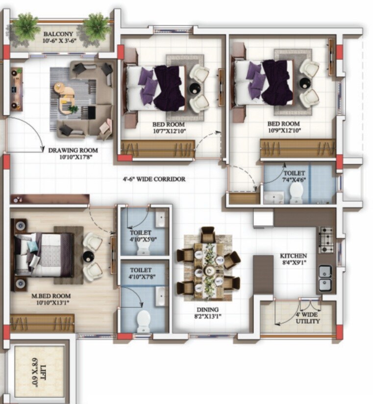 Floor plan of 3 BHK 994 Sq. Ft. Apartment in Star Lotus Apartments, Hyderabad