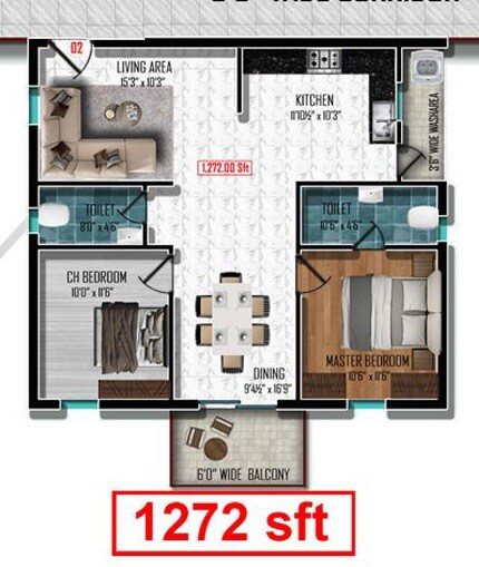 Floor plan of 2 BHK 1272 Sq. Ft. Apartment in Sterling Grandeur, Hyderabad