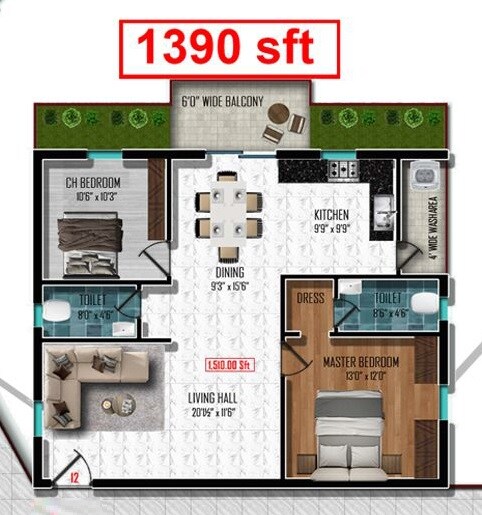 Floor plan of 2 BHK 1390 Sq. Ft. Apartment in Sterling Grandeur, Hyderabad