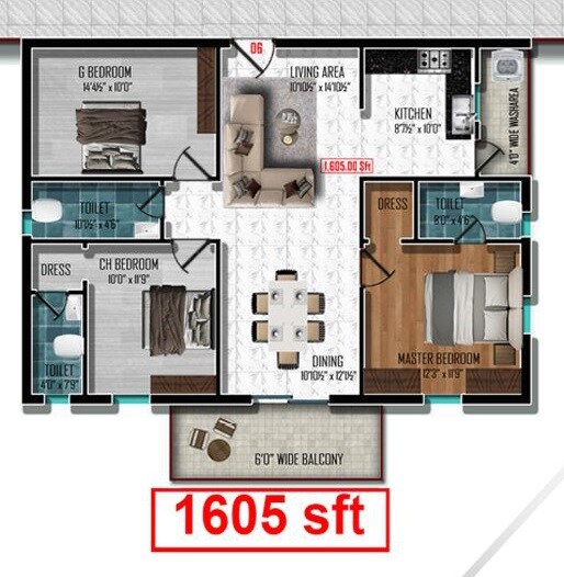 Floor plan of 3 BHK 1605 Sq. Ft. Apartment in Sterling Grandeur, Hyderabad
