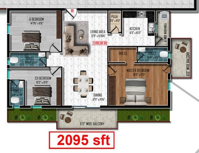 Floor plan of 3 BHK 2095 Sq. Ft. Apartment in Sterling Grandeur, Hyderabad