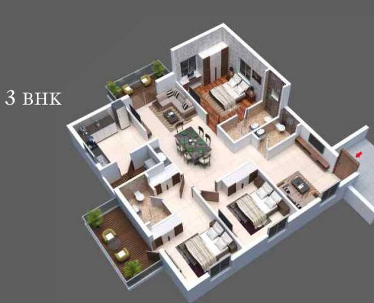 Floor plan of 3 BHK 1542 Sq. Ft. Apartment in Subiksha Towers, Hyderabad