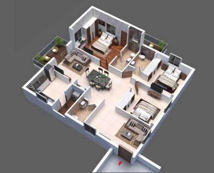 Floor plan of 3 BHK 1596 Sq. Ft. Apartment in Subiksha Towers, Hyderabad