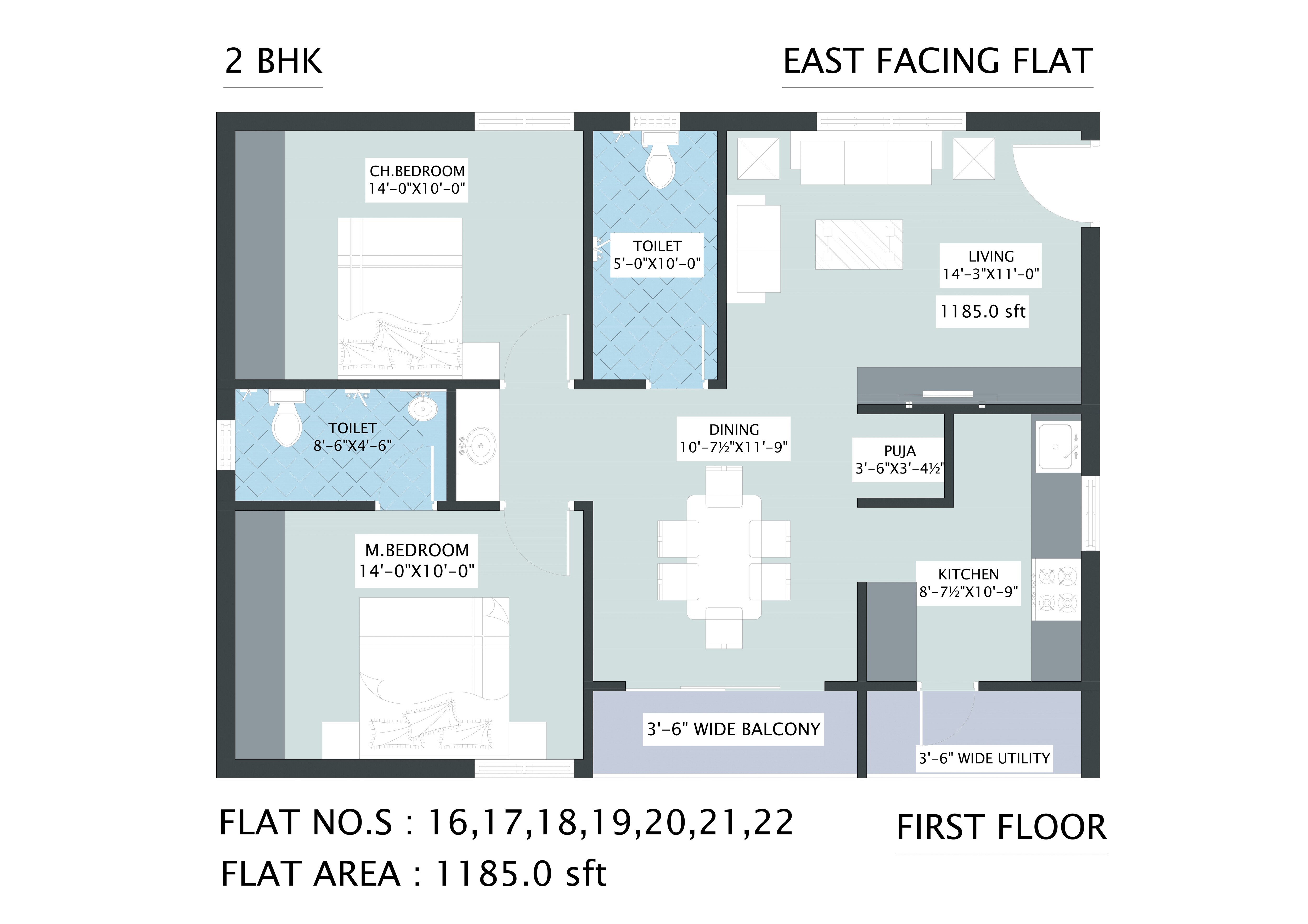 Floor plan of 2 BHK 1185 Sq. Ft. Apartment in Subishi Spark, Hyderabad