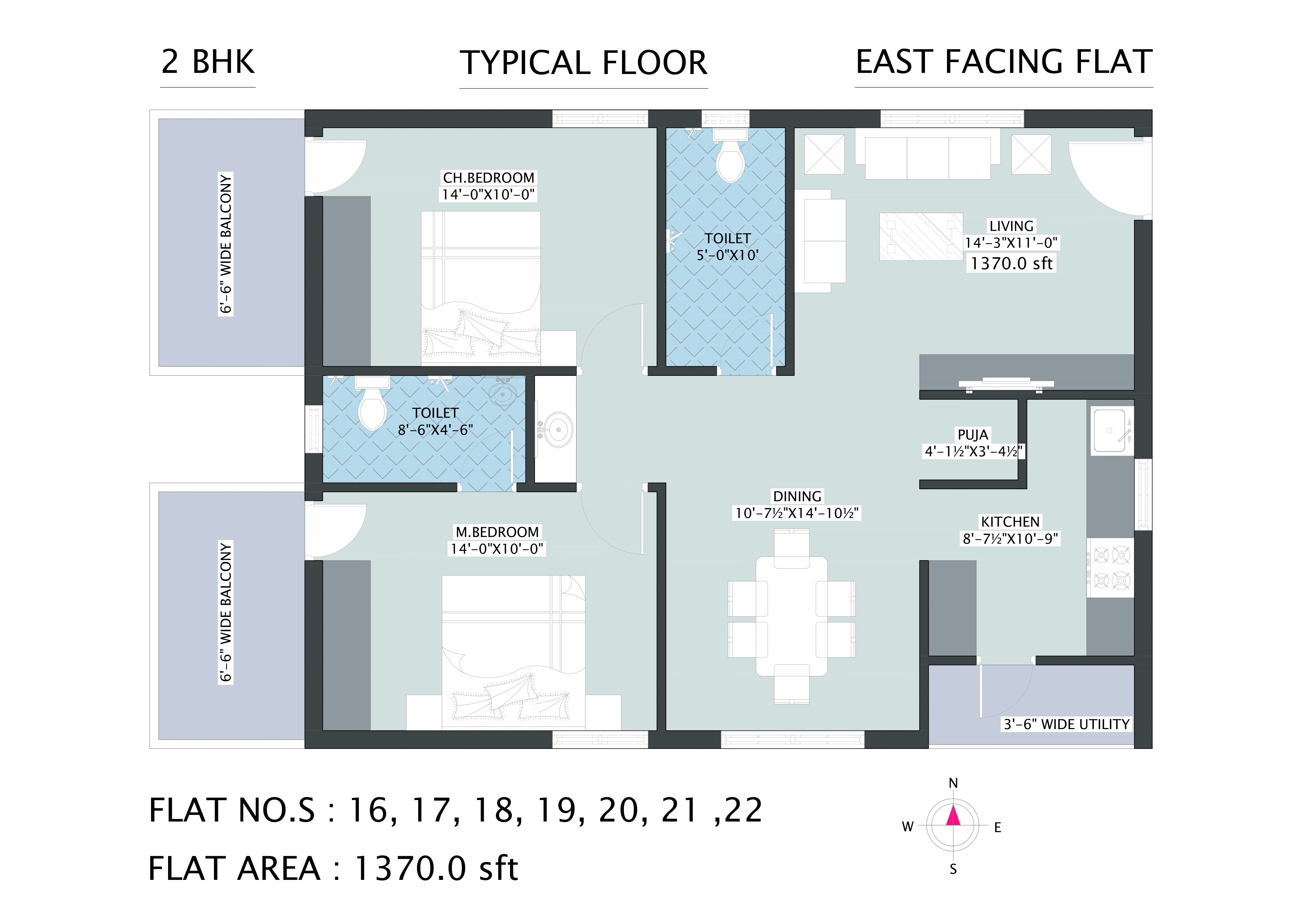 Floor plan of 2 BHK 1370 Sq. Ft. Apartment in Subishi Spark, Hyderabad