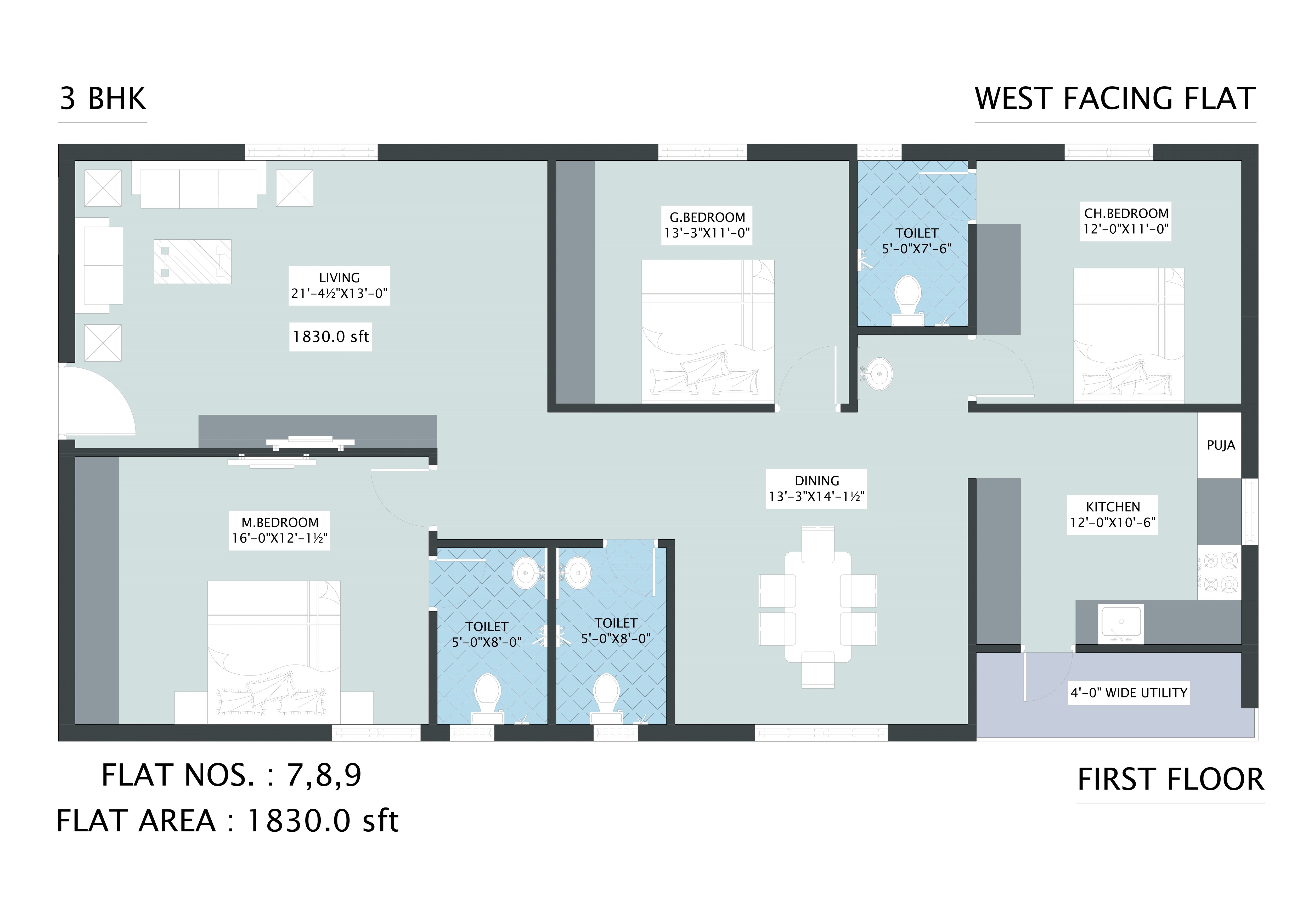 Floor plan of 3 BHK 1830 Sq. Ft. Apartment in Subishi Spark, Hyderabad