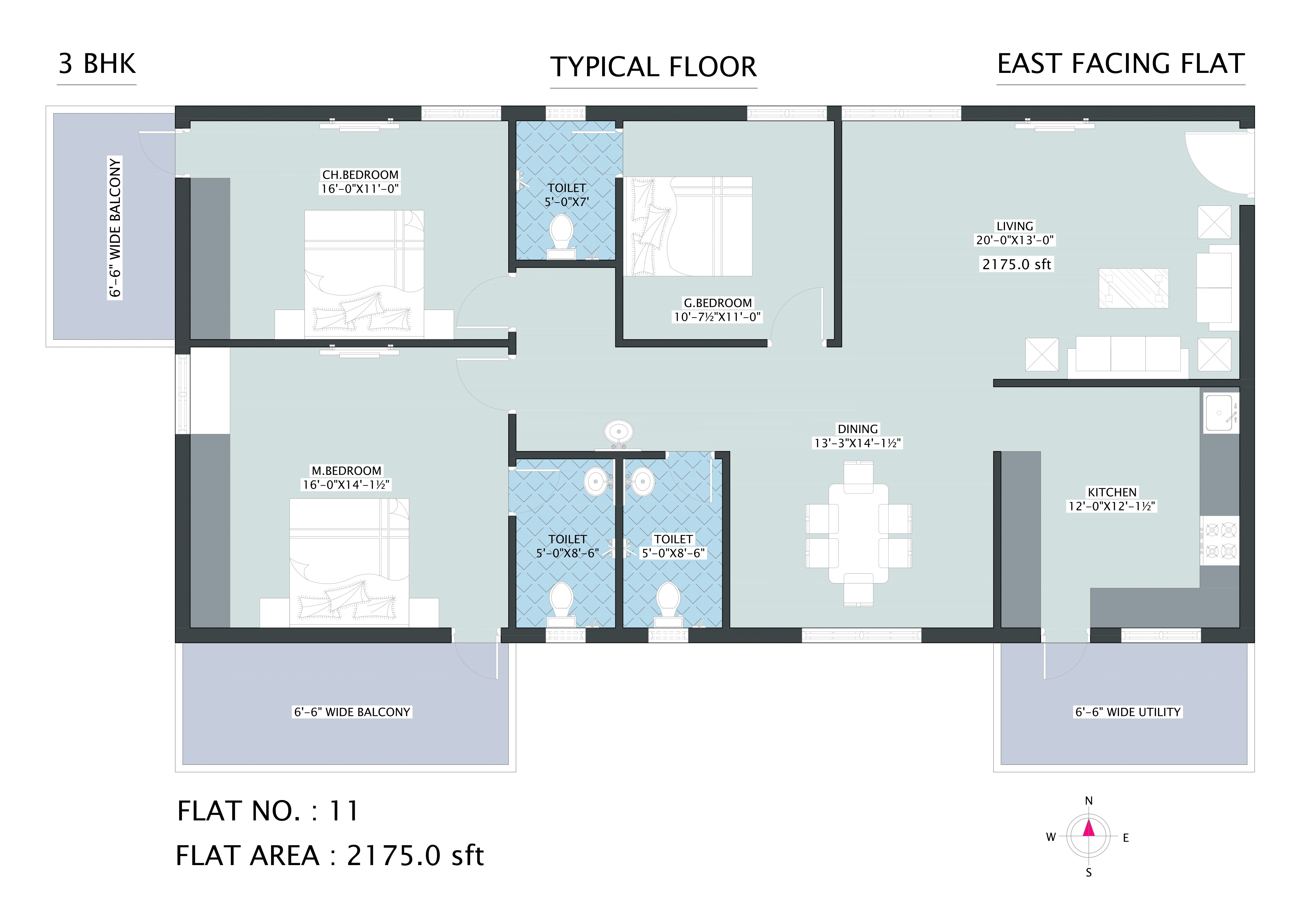 Floor plan of 3 BHK 2175 Sq. Ft. Apartment in Subishi Spark, Hyderabad