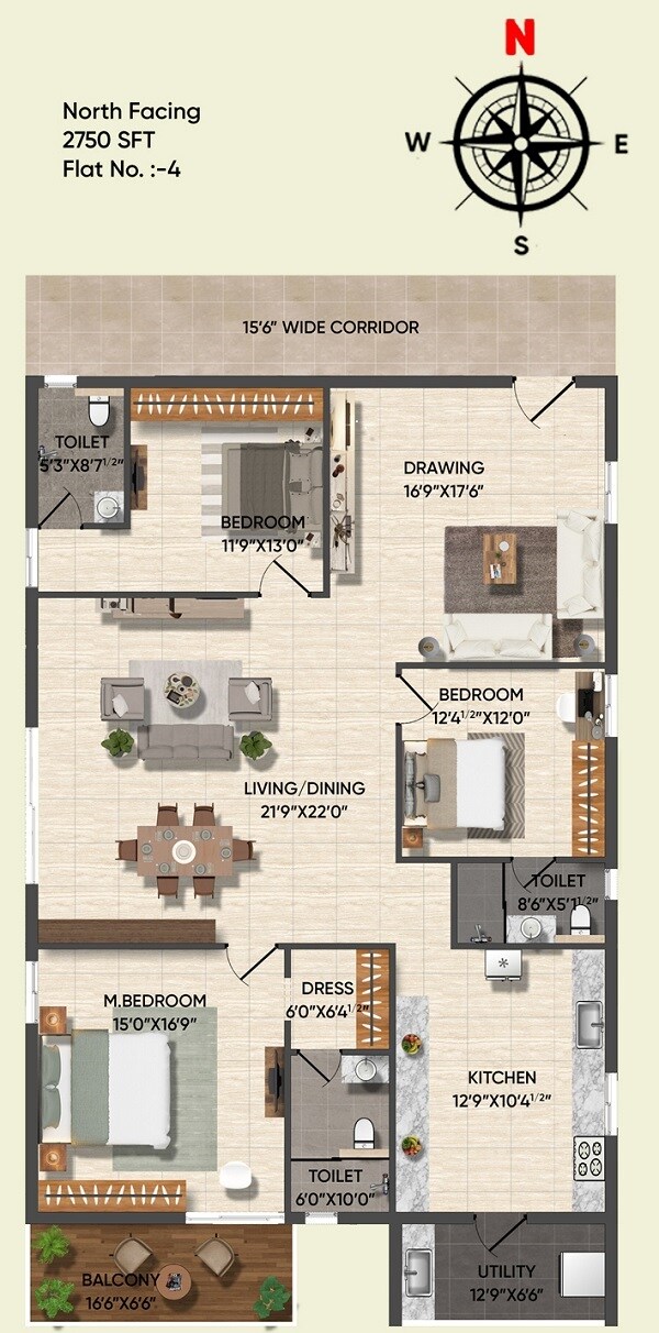 Floor plan of 3 BHK 2750 Sq. Ft. Apartment in Subishis Polam Luxury Apartments, Hyderabad