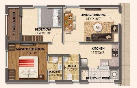Floor plan of 2 BHK 945 Sq. Ft. Apartment in Suchirindia The Tales of Greek, Hyderabad