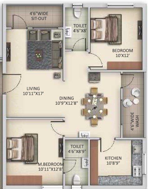 Floor plan of 2 BHK 1233 Sq. Ft. Apartment in Sujay Estia, Hyderabad