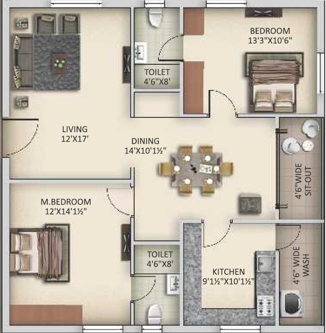 Floor plan of 2 BHK 1320 Sq. Ft. Apartment in Sujay Estia, Hyderabad