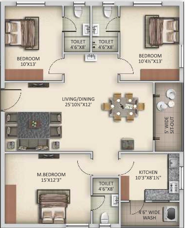 Floor plan of 3 BHK 1580 Sq. Ft. Apartment in Sujay Estia, Hyderabad
