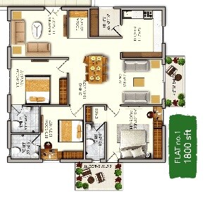 Floor plan of 3 BHK 1800 Sq. Ft. Apartment in Sukhii 9, Hyderabad