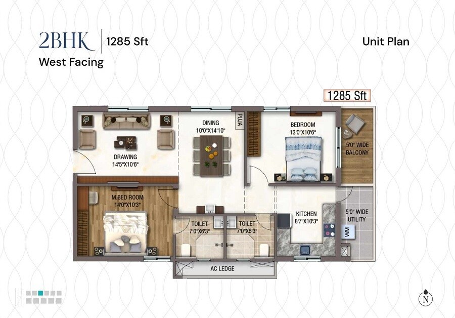 Floor plan of 2 BHK 1285 Sq. Ft. Apartment in Sukhii Sree Sumeru, Hyderabad