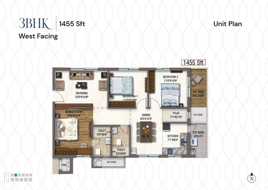 Floor plan of 3 BHK 1455 Sq. Ft. Apartment in Sukhii Sree Sumeru, Hyderabad