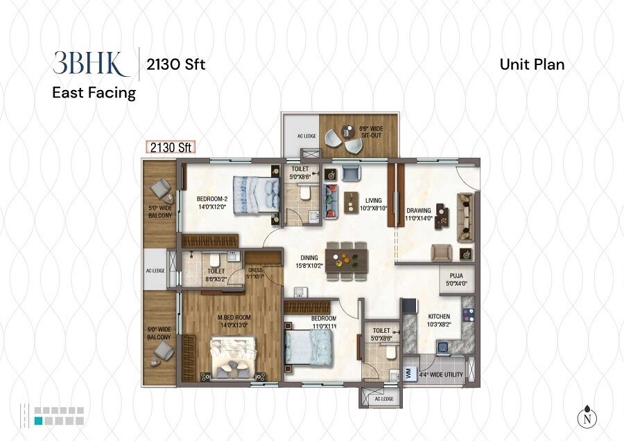 Floor plan of 3 BHK 2130 Sq. Ft. Apartment in Sukhii Sree Sumeru, Hyderabad