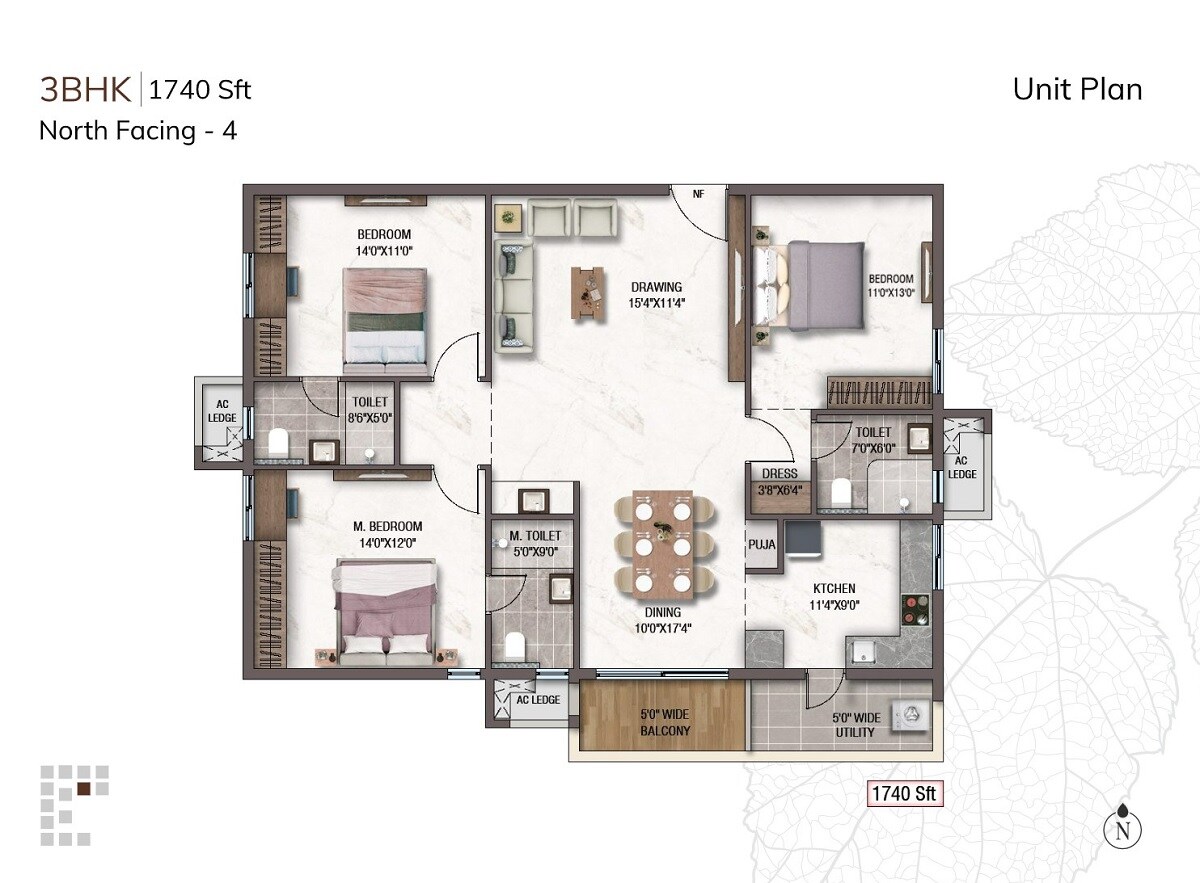 Floor plan of 3 BHK 1740 Sq. Ft. Apartment in Sukhii Tatva, Hyderabad