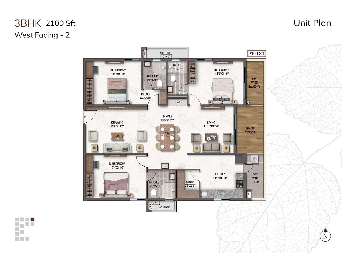 Floor plan of 3 BHK 2100 Sq. Ft. Apartment in Sukhii Tatva, Hyderabad