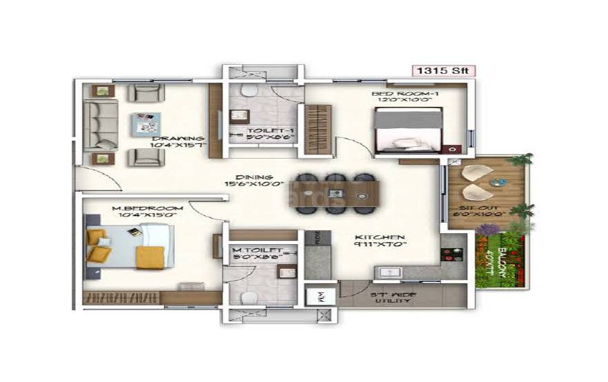 Floor plan of 2 BHK 1315 Sq. Ft. Apartment in Sukhii Ubuntu, Hyderabad