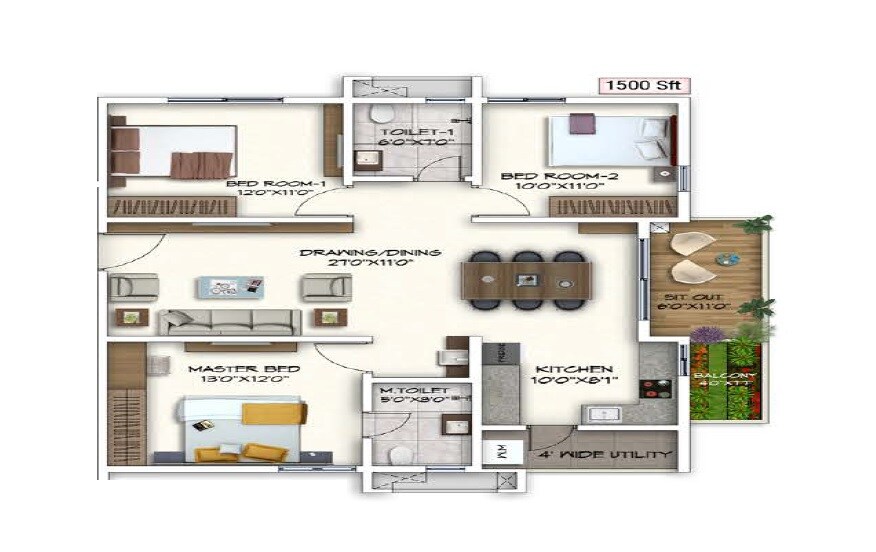 Floor plan of 3 BHK 1500 Sq. Ft. Apartment in Sukhii Ubuntu, Hyderabad
