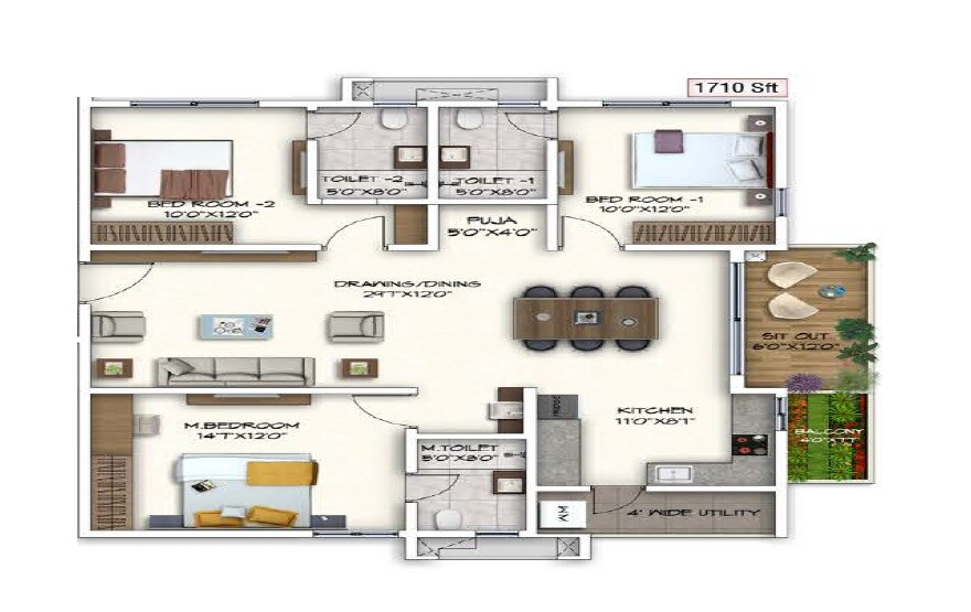 Floor plan of 3 BHK 1710 Sq. Ft. Apartment in Sukhii Ubuntu, Hyderabad