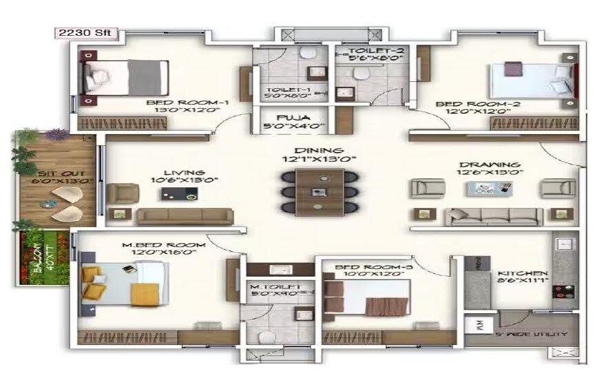 Floor plan of 4 BHK 2230 Sq. Ft. Apartment in Sukhii Ubuntu, Hyderabad