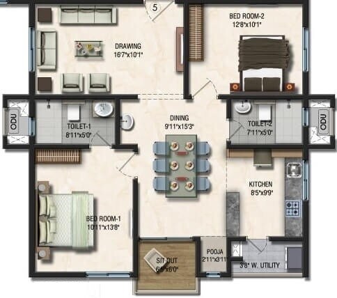 Floor plan of 2 BHK 1268 Sq. Ft. Apartment in Sumadhura Acropolis, Hyderabad