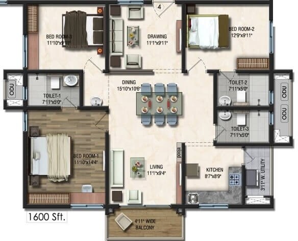Floor plan of 3 BHK 1600 Sq. Ft. Apartment in Sumadhura Acropolis, Hyderabad